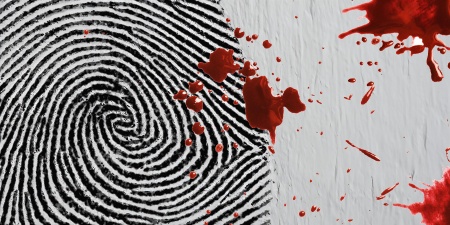 Fingerprint and blood spatter on a white background