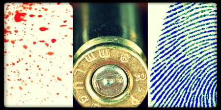 Collage of blood spatter, a bullet, and a fingerprint