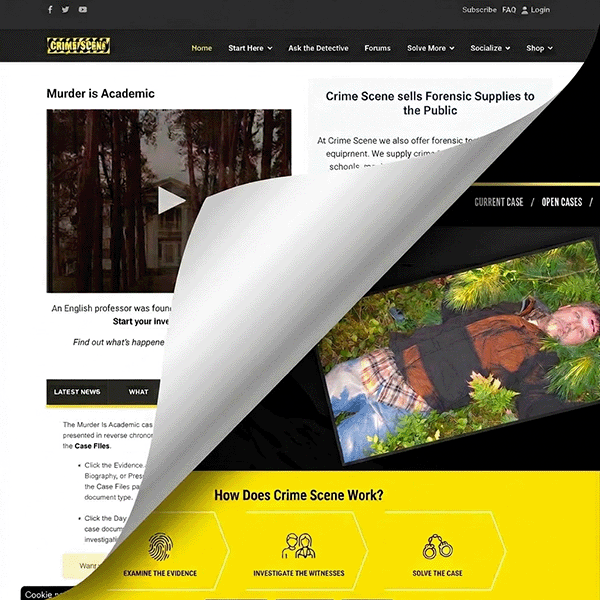 The current Crime Scene website with a corner peeled back to reveal a peek at the new design
