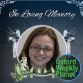Funeral card with a photo of a smiling brunette woman with glasses with the Oxford Weekly Planet logo in the foreground