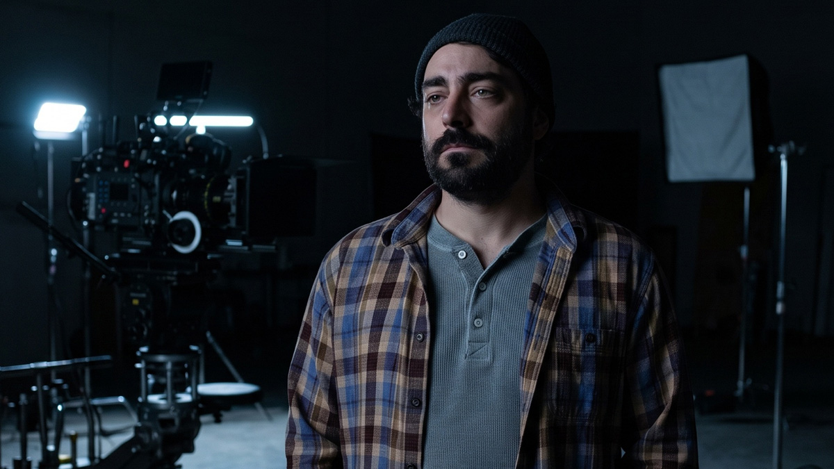 Man with dark hair and beard standing on an empty movie set