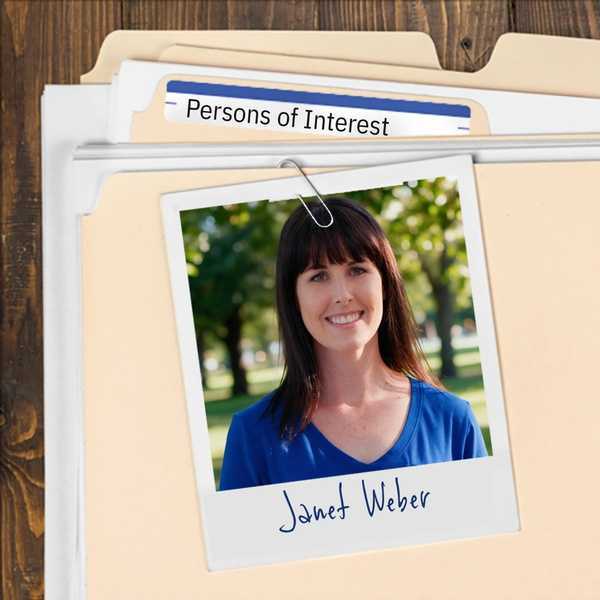 Manila folder with a photo of a smiling woman with shoulder-length dark hair and bangs clipped to it