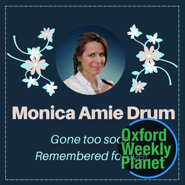 Funeral card for Monica Drum with the Oxford Weekly Planet logo overlaid in the bottom right corner
