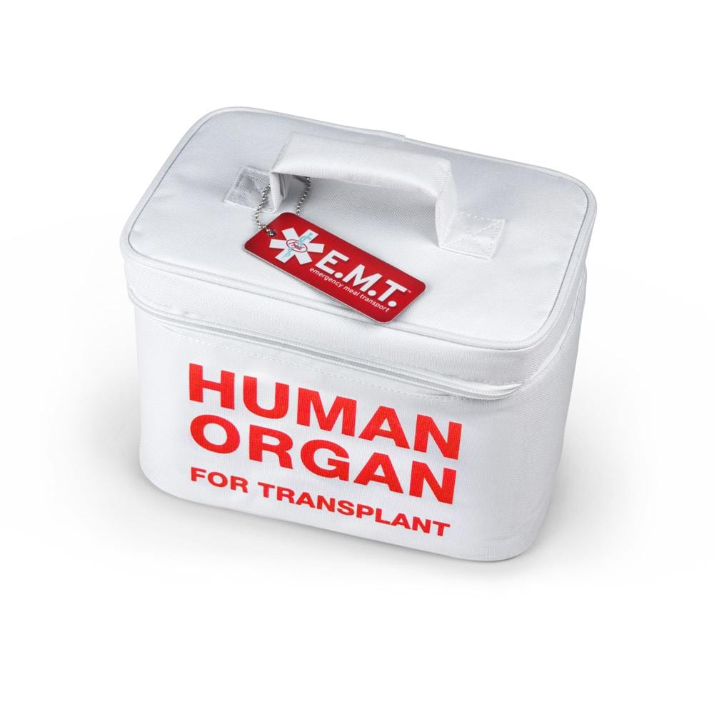 A small cooler reading Human Organ Transplant