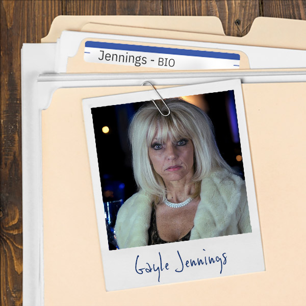 A file folder with a photo of a blonde woman in a fur jacket.