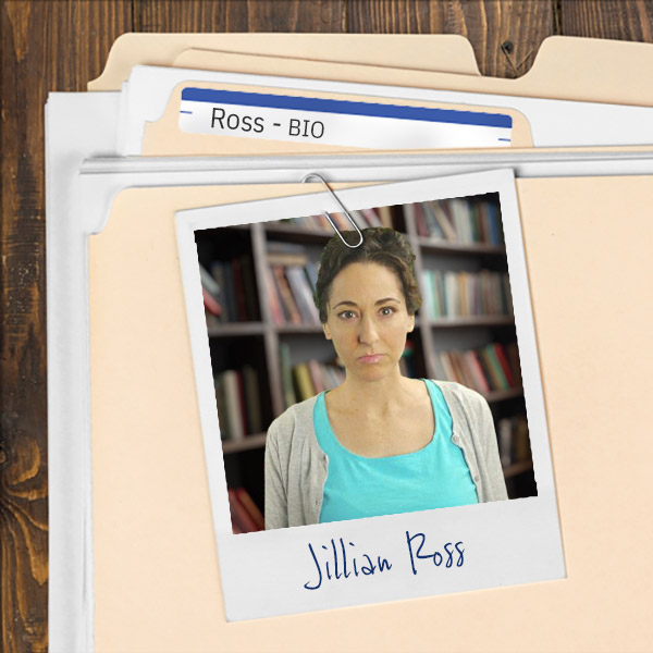 A file folder with a photo of a serious woman with dark hair in an updo.