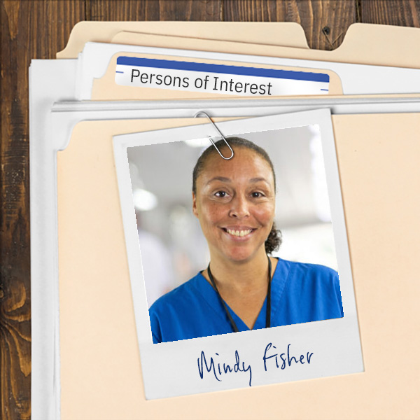 A file folder with a photo of a smiling woman wearing scrubs.