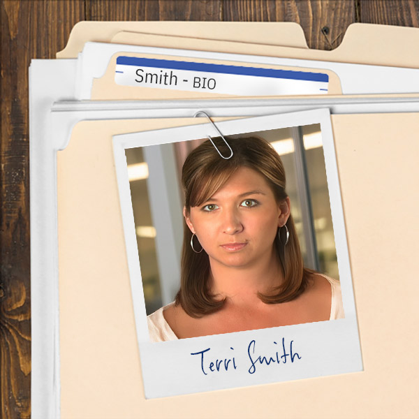 A file folder with a photo of a serious looking young woman with shoulder-length brown hair.