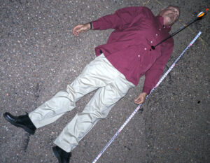 a picture of a wide shot of a dead body with an arrow struck in its chest.