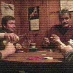 an old looking picture of 4 men sitting around a table playing poker and drinking alcohol.