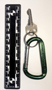 A picture of a key attached to a carabiner