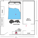 a picture of an illustration for a bedroom and bathroom site with a body on the floor.
