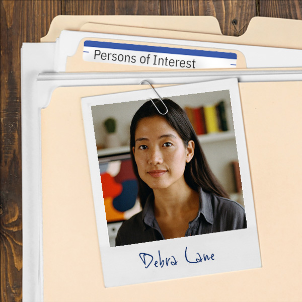 A file folder with a photo of a smiling woman with dark hair.