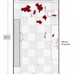 diagram of a bathroom crime scene with a body in the bathtub and blood on the countertop, toilet, and floor.