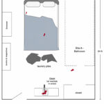 diagram of a bedroom showing papers and a bloody machete on a desk and blood traces on the bed and floor