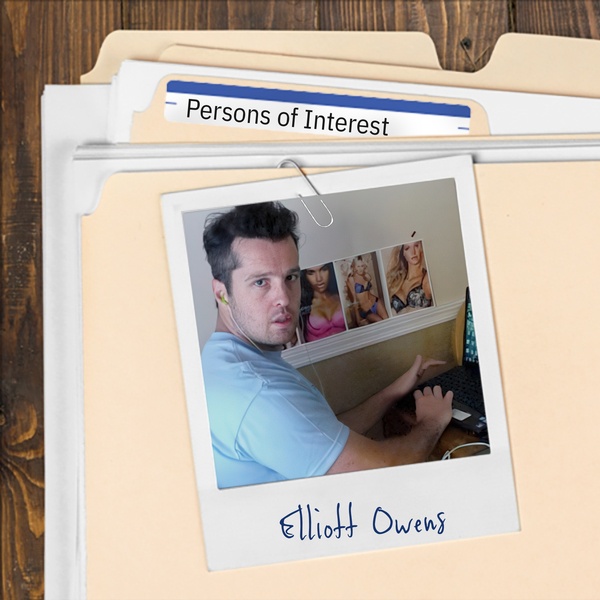 Manila folder with a photo of a scruffy young man at a computer clipped to it