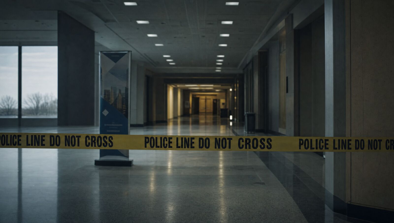 Police tape across a hallway at the Yoknapatawpha County Convention Center