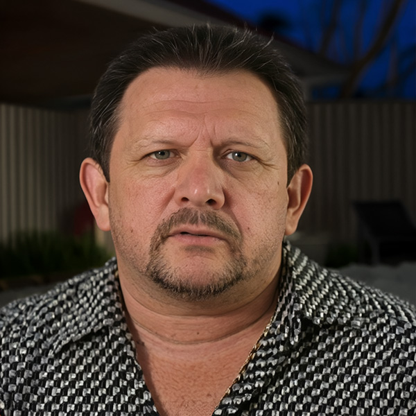 Rugged-looking man with dark hair, mustache and goatee