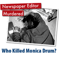 Black-and-white photo of a woman dead in a pool of blood