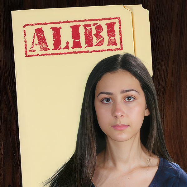 Teen girl with long dark hair in front of a manila folder stamped 'Alibi'