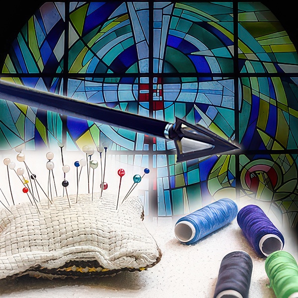 Arrow, pincushion and spools of thread with a stained glass window in the background