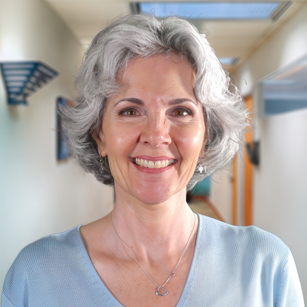 Smiling woman with short gray hair