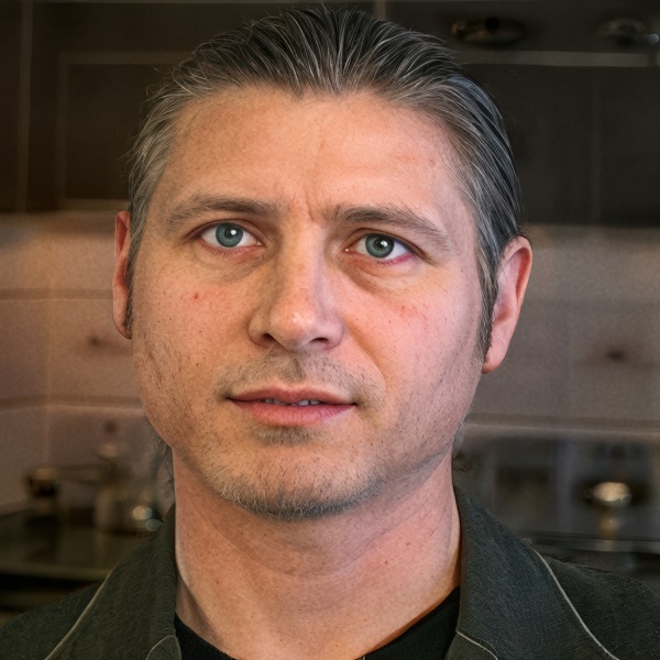 Serious man with long dark hair pulled back in a ponytail