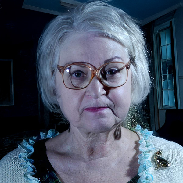 Stern-looking gray-haired woman with glasses