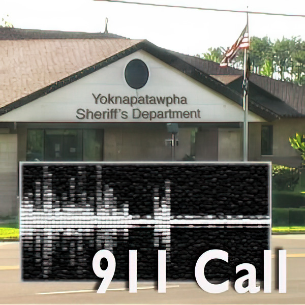 Exterior of the sheriff's department with an audio graph in the foreground