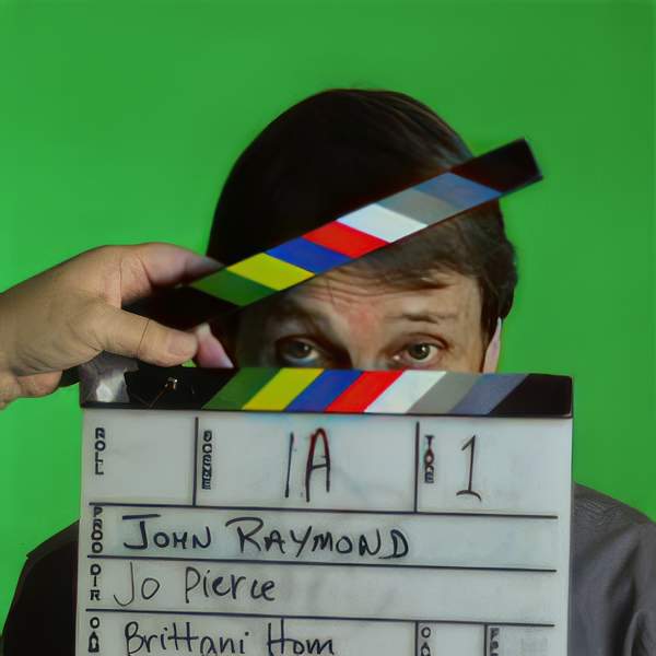 Filmmaking clapperboard slate in front of an actor's face with green screen in the background