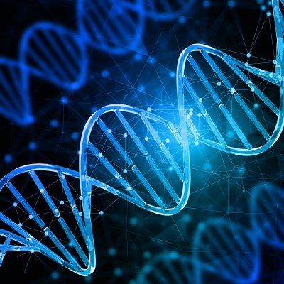 3-D rendering of DNA helixes on a black background
