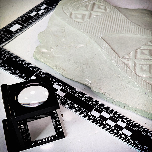 Plaster cast of a footprint alongside a measurement scale and a magnifying tool